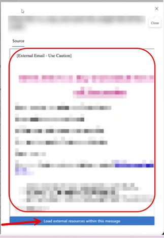 Screenshot with an arrow pointing to the blue button to Load External Resources Within This Message. The image is blurry except for the button. 