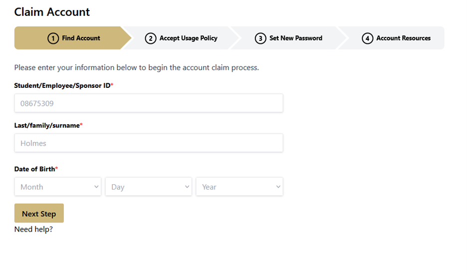 Screenshot of the Claim Account page with step 1 open to find account
