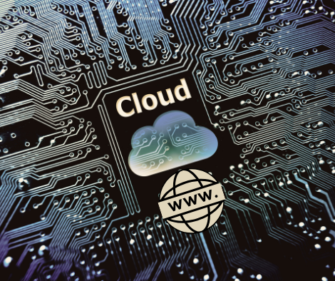 Graphic of circuit board with a digital cloud and the internet world symbol with 