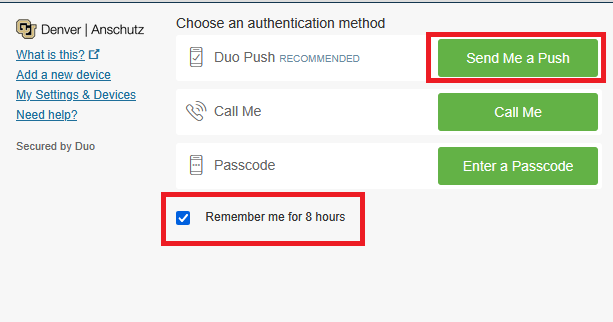 DUO Push screen with the checkbox to remember me highlighted.