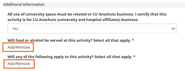 Screenshot of EMS Room Reservation Questions Reformatted with Add/Remove outlined in red