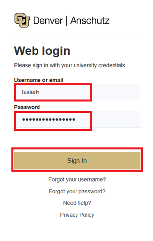 Screenshot of the SSO login screen with boxes around the areas to fill out and submit.