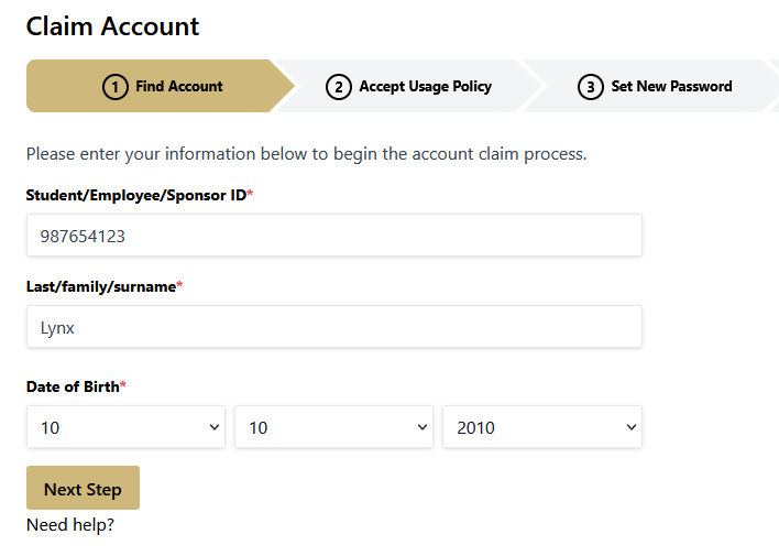 Screenshot of step 1 filled out