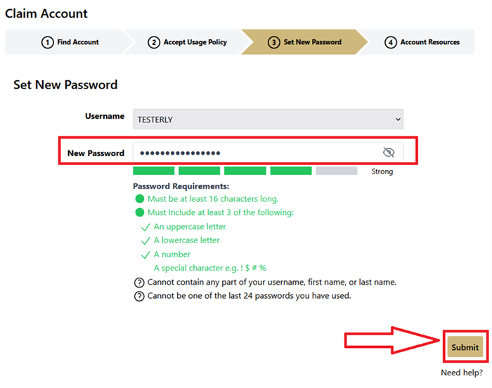 Screenshot of the set your account password screen with an arrow pointing to Submit button.