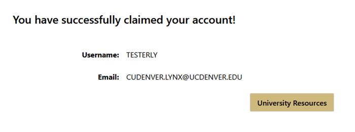 Screenshot of the Successfully Claimed Account page with username and email.